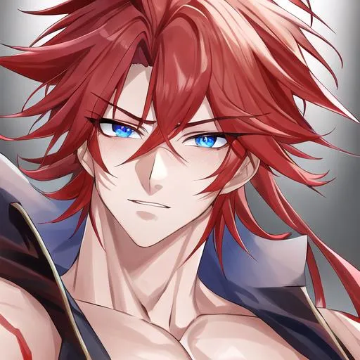 Prompt: Zerif 1male (Red side-swept hair falling between the eyes, sharp and sassy blue eyes), shirtless, highly detailed face, 8K, Insane detail, best quality, UHD, handsome, flirty, muscular, Highly detailed, insane detail, high quality. 