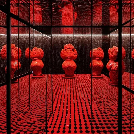 Prompt: Venus of Willendorf in a red and black room of mirrors as walls