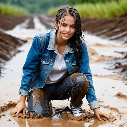 Prompt: photo of young woman, soaking wet clothes, Converse sneakers, Muddy blue jeans, Denim jacket,  , Mud pit,   enjoying, water dripping from clothes, clothes stuck to body,  detailed textures of the wet fabric, wet face, wet plastered hair,  wet, drenched, professional, high-quality details, full body view.