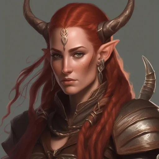 Prompt: dnd a elven woman with long braided red hair wearing brown leather armor with two small born horns coming out of her head 