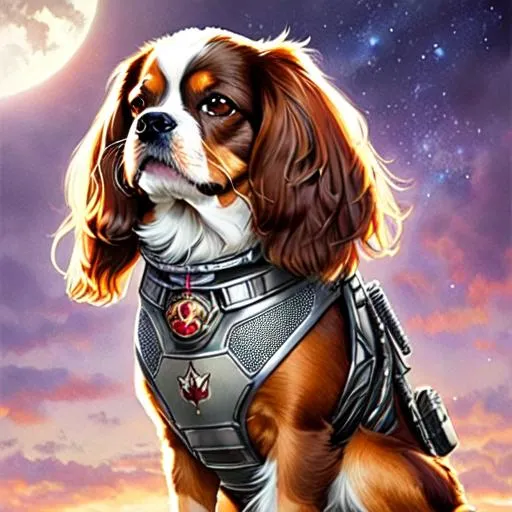 Prompt: Poster art, high-quality high-detail highly-detailed breathtaking hero ((by Aleksi Briclot and Stanley Artgerm Lau)) - ((dog )), full King Charles cavalier spaniel standing up, dog face, King Charles cavalier spaniel,  UHD, 64k, full form, dog helmet, detailed carbon fibre, black, green, magenta and ultra white mech suit, 8k mech helmet, detailed glowing chest emblem, detailed mech futuristic full body, highly detailed dog fur, with mech armor, add some blue, leash, urban setting ,carbon fibre helmet, magenta mech armor, blue eyes , detailed skin, detailed mech armour, full body, futuristic mech armor, wearing mech armour suit, 8k,  full form, detailed forest wilderness setting, full form, epic, 8k HD, ice, fire, luminescence , sharp focus, ultra realistic clarity. Hyper realistic, Detailed face, portrait, realistic, close to perfection, more black in the armour, full body, high quality cell shaded illustration, ((full body)), dynamic pose, perfect anatomy, centered, freedom, soul, blonde long hair, approach to perfection, cell shading, 8k , cinematic dramatic atmosphere, watercolor painting, global illumination, detailed and intricate environment, artstation, concept art, fluid and sharp focus, volumetric lighting, cinematic lighting, 
