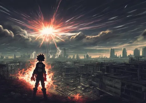 Prompt: Long exposure. post-apocalyptic background with nuclear blast. anime. Vigilante deku