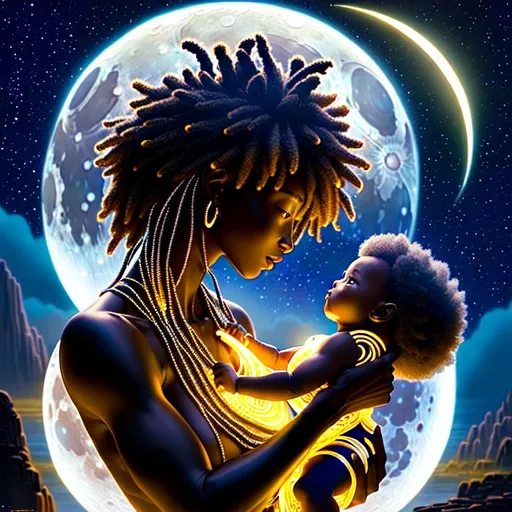 Prompt: (Hyperrealistic highly detailed full body of an inhuman anthropomorphic light incarnation blessing a human baby)
Beautiful, ebonian, diaphanous, translucent skin, wise, benevolent, feminine, majestuous, magic, tribal, visual effect, inspiring, amazing scenery, starry night, moon
