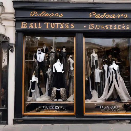 Prompt: Store titled “tuxedos, ball gowns, and witch ware” with men’s tuxedos being displayed in the windows