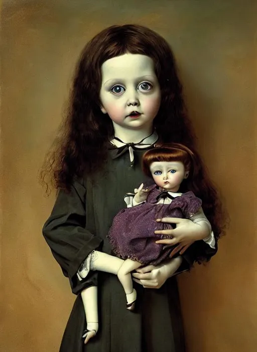 Prompt: Oil painting of a porcelain doll that has seen hard times holding a small porcelain doll by Tim burton, award-winning cgi, blender 