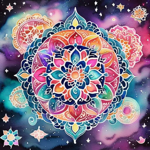 Prompt: Kawaii watercolor a galactic night sky decorated with Henna art inspired patterns, embellishments and Flourishes, bright vibrant colors, Highly detailed, popping vibrant colors, Gradient Colors, Intricate details, Highly textured, spiritual symbols of mandalas with Hindu, Buddhist, Jainism, Shinto, Bengali, Celtic, and Arabic geometric and whimsical patterns