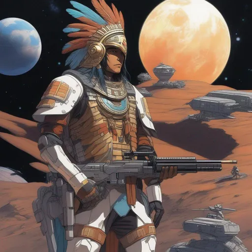 Prompt: Seen from distance. Whole body. Full figure. A Native American scifi soldier in mexica armor. He has an Eagle beak helmet. In background earth from the space. 
He wields a rifle. In background a scifi station in space. Anime. Yoshikazu Yasuhiko art.  Rpg art. Akira art. 2d art. 2d. 