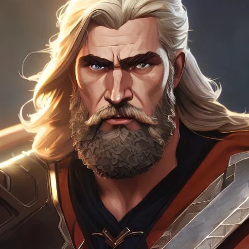 Prompt: Produce a painted full portrait of rugged thor, god of thunder, viking god, masculine, mature, handsome, upper body, flowy robe, muscular, hairy torso, fantasy, intricate, elegant, highly detailed, digital painting, artstation, concept art, smooth, sharp focus, illustration, 