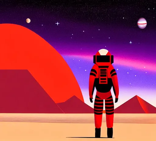 Prompt: Astronaut with red and grey looking into  thedistance of an Otherworldly desert at night, giant geometric pillars, surreal purple starry sky.