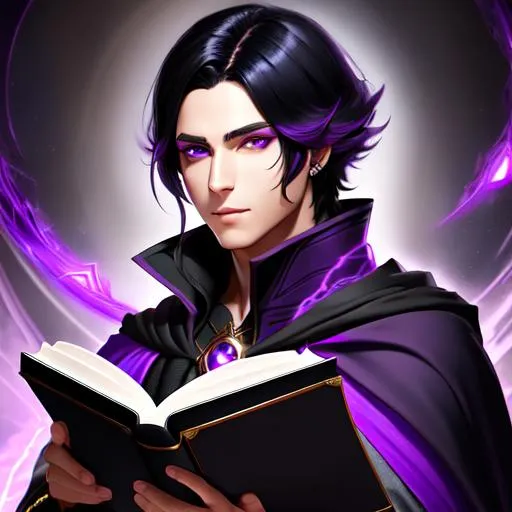 Prompt: A portrait of a human sorcerer with purple eyes, wearing a dark cloak, with black hair, drawing in a book, popular on Artstation, digital art