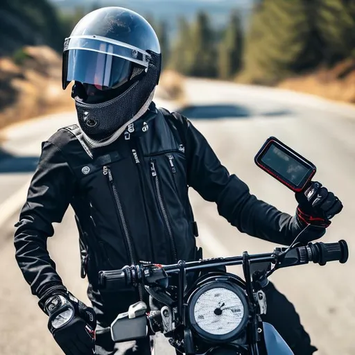 Prompt: A man wearing a motorcycle helmet with a neck gaiter and smartwatch and microphone waistband pack.