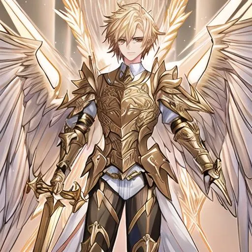 Prompt: Judge Angels but male gender with 6 wings on the back, wearing golden armor, holding a sword.