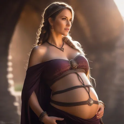 Prompt: pregnant middle aged woman, beautiful, attractive, gorgeous, well endowed, big bare pregnant belly, crop top, braids, fantasy, d&d, dungeons & dragons, photography, hd, full view, navel piercing