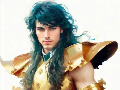 Prompt: Make him look like realistic handsome man.elegant beautiful features. Dreamy. Art by artgerm and Daniel gerhartz and Tom Bagshaw. very handsome face, beautiful deep blue eyes, dark green long hair