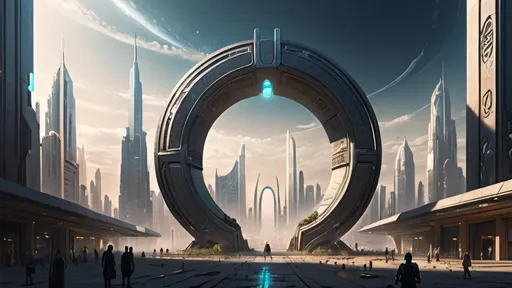 Prompt: small circular portal in the distance, magical portal between cities realms worlds kingdoms, ring standing on edge, upright ring, freestanding ring, hieroglyphs on ring, complete ring, obelisks, hotels, office buildings futuristic towers, large wide-open city plaza, panoramic view, futuristic cyberpunk dystopian setting