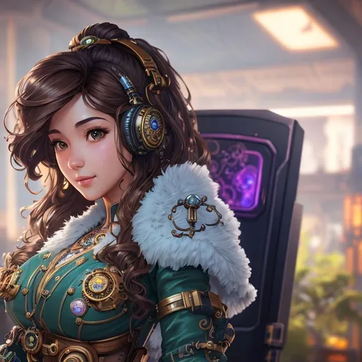 Prompt: steampunk Pokimane with wavy brown hair, mechanical accessories, smirk, symmetrical, perfect composition, hyperrealistic, super detailed, 8k, high quality, Splash art, front, epic Instagram, artstation, hyperdetailed intricately detailed, unreal engine, intricate detail, splash screen, complementary colors, concept art, 8k, heavy strokes, splash arts, full height, full body focus, dim lighting