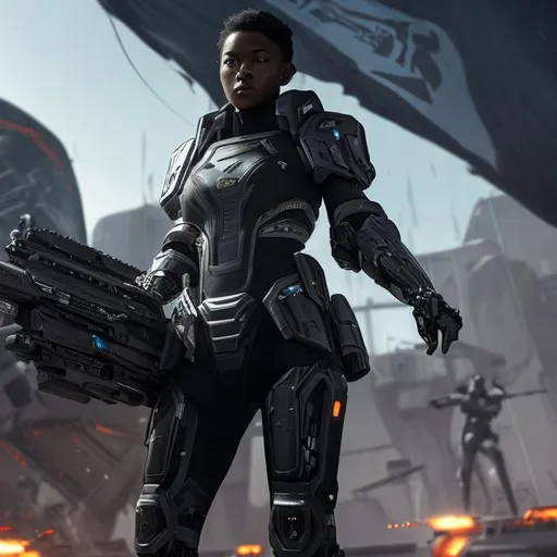 Prompt: Strong dark skinned woman with very short hair in military stance holding a futuristic rifle wearing futuristic black armor in front of a black flag. 8K hyperrealistic, imperial, military, futuristic, space.