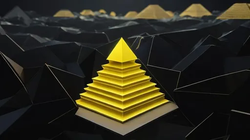Prompt: Pyramid, three-dimensional structure, yellowish, with some transparent feeling, the background is black, transparent, nothing else attached，Sense of space，3D