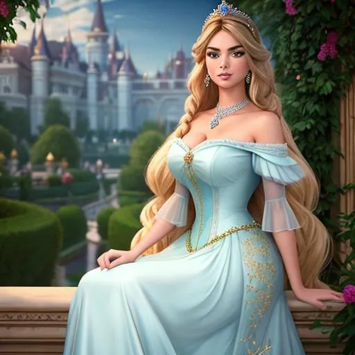 Prompt: a realistic feminine elegant princess Rapunzel, HD, mix of Kate Upton and Emily Ratajkowski, Diamond face, dress