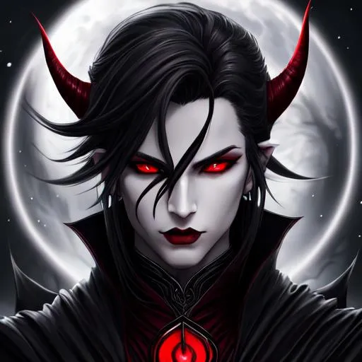 Prompt: A beautiful vampire,  casting an dark spell. perfec blood red eyes, full body character portrait, dark fantasy, detailed realistic face, digital portrait, fiverr dnd character, beautiful male Tiefling, gray skin, wearing black robes with gray details, (Black lines drawing from the eyes to the cheek looking like ulquiorra).