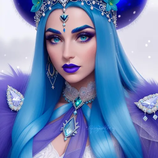 Prompt: GeminiTay, Heavy snow, Giant Blue Orb in Sky, Long Straight Blue hair, Ice crystal tiara with Green Flowers, Thick bushy blue eyebrows, medium sized nose, plump diamond shape face,  Blue lips, ethereal blue eyes, Triangle Star earrings, soft ears, Large blue plastic chain around neck, Blue heart necklaces, Purple candy shaped rings, Large blue fur coat with armor underneath. Scaley gloves. Long Blue Skirt with moons.