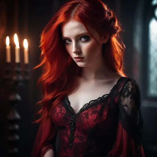 Prompt: Beautiful, young woman with fiery red hair, gothic style, detailed facial features, flowing red dress with dark accents, ethereal and mysterious atmosphere, atmospheric lighting, high quality, misc-gothic, red hair, beautiful eyes, flowing dress, detailed facial features, ethereal atmosphere, mysterious, professional, atmospheric lighting