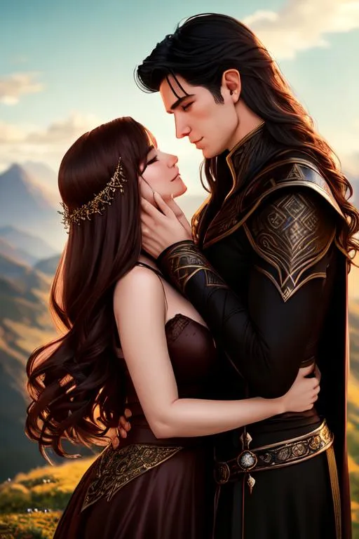 Prompt: Elf, Azriel and Elain, ACOTAR, Sarah J.Maas, Illyrian, Shadowsinger, Seer, Shadows, Starlight, Mountains. Analog style portrait+ style ; artistic pose in motion, woman and man couple, hugging, kissing. Hyperealistic 8k shot, high-resolution, dark, battle. adult woman has long brown hair with a fringe, Greek descent facial features, a straight nose, and bushy eyebrows. The adult man has dark skin short black hair with fringe and masculine facial features with hair stubble. Shadow eyeliner.