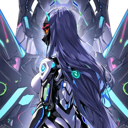 Prompt: "A portrait of a masked female figure, standing in front of a futuristic and high-tech environment, with her back turned to the camera. The figure is wearing a high-tech suit that incorporates advanced technology and futuristic design elements. The detailing of the suit, including the intricate body armor, the complex power source, and the various sensors and gauges, is rendered in vivid detail. The environment is high-tech and futuristic, with a sense of opulence and sophistication. The lighting is dramatic and moody, highlighting the figure's strength and technological prowess. The composition is stunning and engaging, capturing the female figure's beauty, technology, and power in stunning detail." cyberpunk style