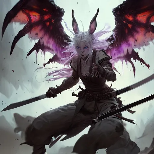 Prompt: a demon (multi-color hair) (multi-color eyes)(she has rabbit ears) holding a katana, fighting, in a gunfight, bullets flying, fighting in a rural area, sad, (angel wings), lunging at the center, flying in the air

a masterpiece, 8k resolution, dark fantasy concept art, by Greg Rutkowski, dynamic lighting, hyperdetailed, intricately detailed, Splash screen art, trending on Artstation, deep color, Unreal Engine, volumetric lighting, Alphonse Mucha, Jordan Grimmer, purple and yellow complementary colours sinister by Greg Rutkowski