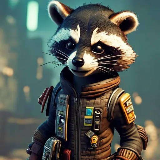 Prompt: small cheeky rocket racoon, intricately detailed, bounty hunter, texture, BEAUTIFUL, ORGANIC PUNK
