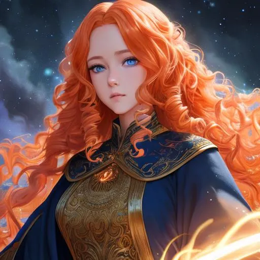 Prompt: "Full body, oil painting, fantasy, anime portrait of young woman with flowing curly light orange hair and dark blue eyes | wearing revealing intricate wizard robes, #3238, UHD, hd , 8k eyes, detailed face, big anime dreamy eyes, 8k eyes, intricate details, insanely detailed, masterpiece, cinematic lighting, 8k, complementary colors, golden ratio, octane render, volumetric lighting, unreal 5, artwork, concept art, cover, top model, light on hair colorful glamourous hyperdetailed medieval city background, intricate hyperdetailed breathtaking colorful glamorous scenic view landscape, ultra-fine details, hyper-focused, deep colors, dramatic lighting, ambient lighting god rays, flowers, garden | by sakimi chan, artgerm, wlop, pixiv, tumblr, instagram, deviantart