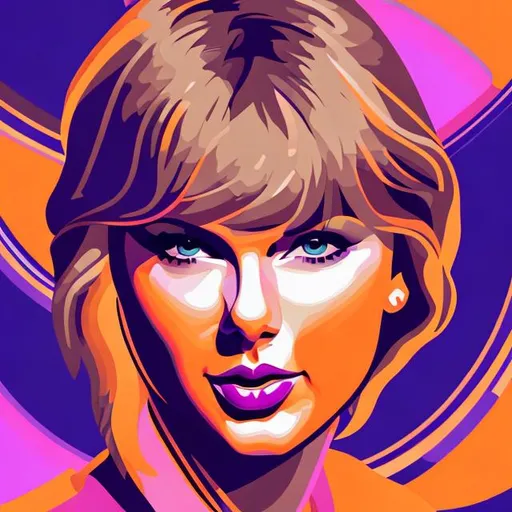 Prompt: vector art of Taylor swift. purple orange pink. vibrant colors, soft light on her face. 