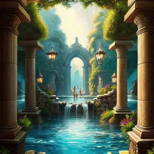Prompt: magical pool, ancient fae city, dnd elves, fantasy, myth drannor