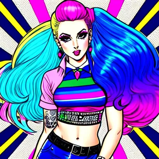 Prompt: Retro transgender girl punk rock 70's vibe trippy comic style pop art goth punk fashion confident trans flag colors blue pink white
