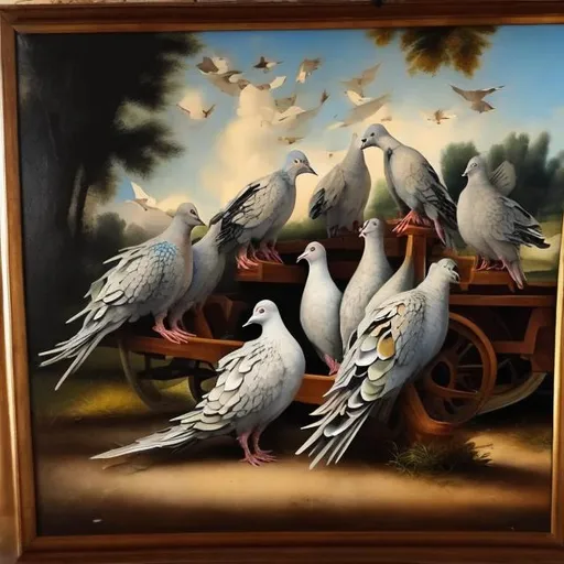 Oil painting of snippets doves on a truck by raphael