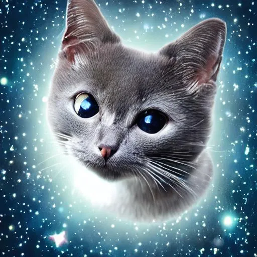 Prompt: grey cat in space with its eyes closed photo realistic

