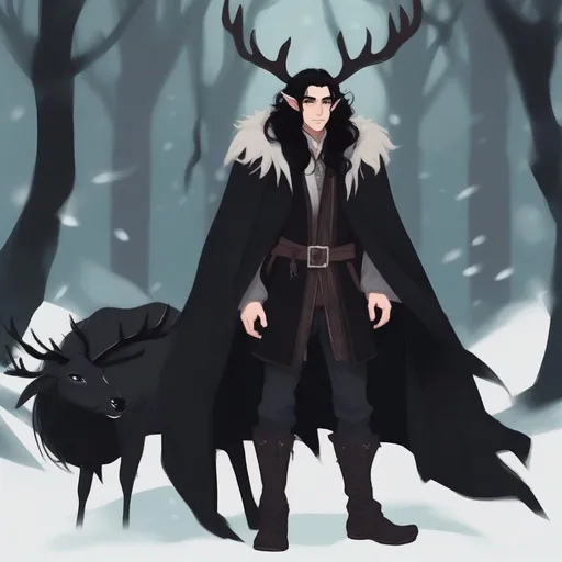 Prompt: dnd a cute male half-elf warlock with long messy black hair wearing a long black coat and deer antlers in the dark forest