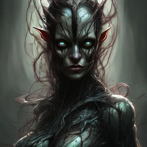 Prompt: A creepy image of a woman that has the features of a wasp, a symbiote and an elf. Horror, fantasy, digital painting, creature design, dark colors, low lighting, gorey details, disturbing.