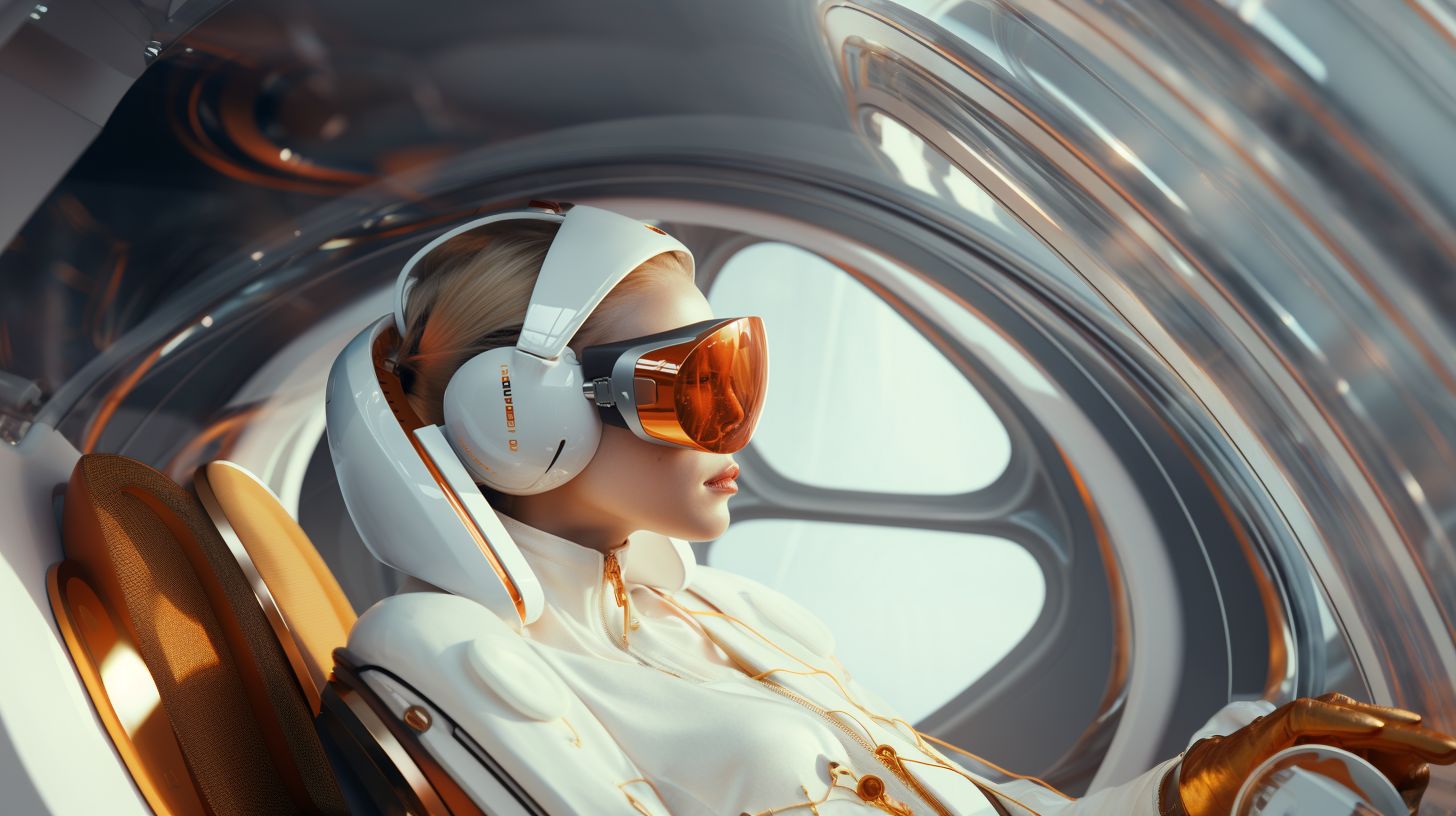 Prompt: a woman in a futuristic ride, in the style of white and gold, cybernetic sci-fi, hyper-realistic details, rodenstock imagon 300mm f/5.8, high detailed, dark orange and white, neo-academism in wide ratio