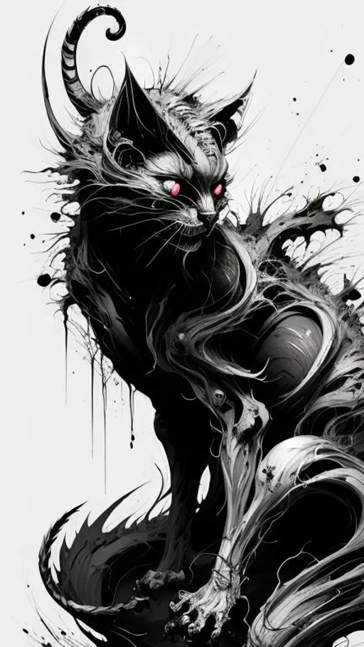 Prompt: Demon Cat negative black and white Speedpaint with large brush strokes by , Junji Ito, Ismail Inceoglu, , Gazelli, M.W. Kaluta, richard anderson, paint splatter, white ink, a masterpiece, 8k resolution, trending on artstation, horror, terrifying, highly detailed and intricate