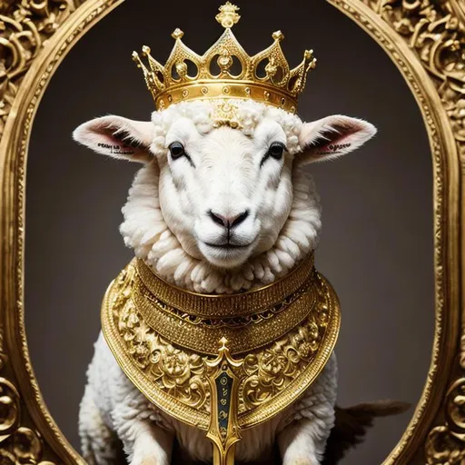 Prompt: A sheep with a golden intricate crown and a big sword, head only