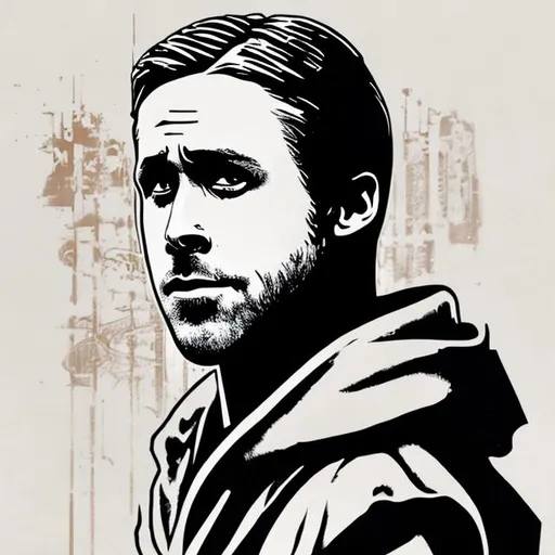 Prompt: A black and white stencil of Ryan Gosling's clean-shaven face as a jedi in a hood.
