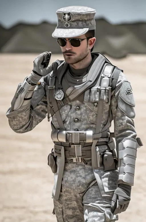 Prompt: monochrome, elysium, exoskeleton, robert pattinson, detailed face, handsome, moustache, soldier, army uniform, army helmet