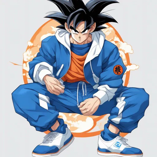 Prompt: Anime Style, Goku, wearing white hoodie with a blue dragon logo and blue track pants.