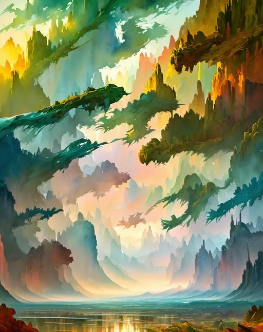 Prompt: Cinematic fantasy landscape in Gouache Style, Watercolor, Museum Epic Impressionist Maximalist Masterpiece, Thick Brush Strokes, Impasto Gouache, thick layers of gouache watercolors textured on Canvas, 8k Resolution, Matte Painting oil painting by James Gurney Abstract World