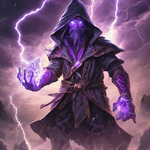 Prompt: Storm wizard with glowing purple eyes covered in lightning