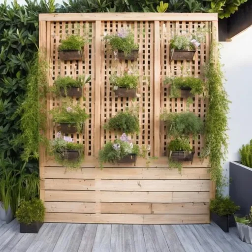Prompt: A outdoor background with hanging wall planter on X-shaped wooden trellis, UHD