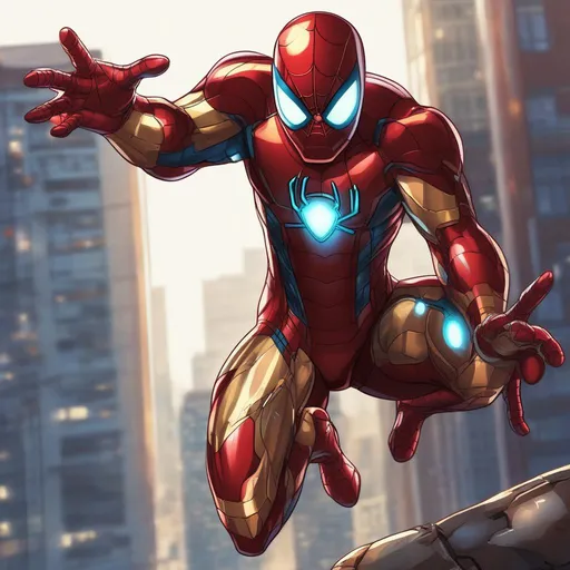 Prompt: Spider man in Iron man suit anime artstyle