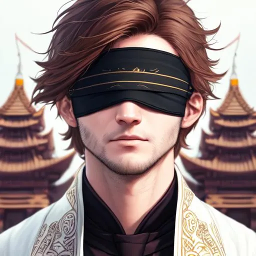 Prompt: Portrait of {blindfolded male oracle} with {brown} hair and with cute face, strong jawline, {temple background}, arcane glyphs on blindfold, perfect composition, modern, white modern clothing, hyperrealistic, super detailed, 8k, high quality, trending art, trending on artstation, sharp focus, studio photo, intricate details, highly detailed, by greg rutkowski