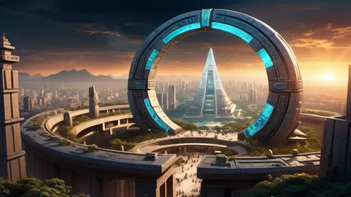 Prompt: magical portal between cities realms worlds kingdoms, circular portal, ring standing on edge, upright ring, freestanding ring, hieroglyphs on ring, complete ring, ancient aztec architecture, zigurat, pylons, gardens, hotels, office buildings, shopping malls, large wide-open city plaza, panoramic view, futuristic cyberpunk tech-noir setting, open sky